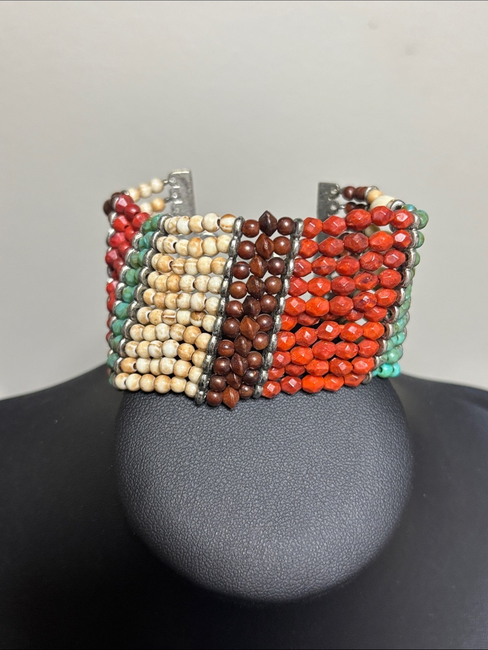 Boho Festival Multicolor Beaded Cuff Bracelet - Red, Green, Brown, Cream